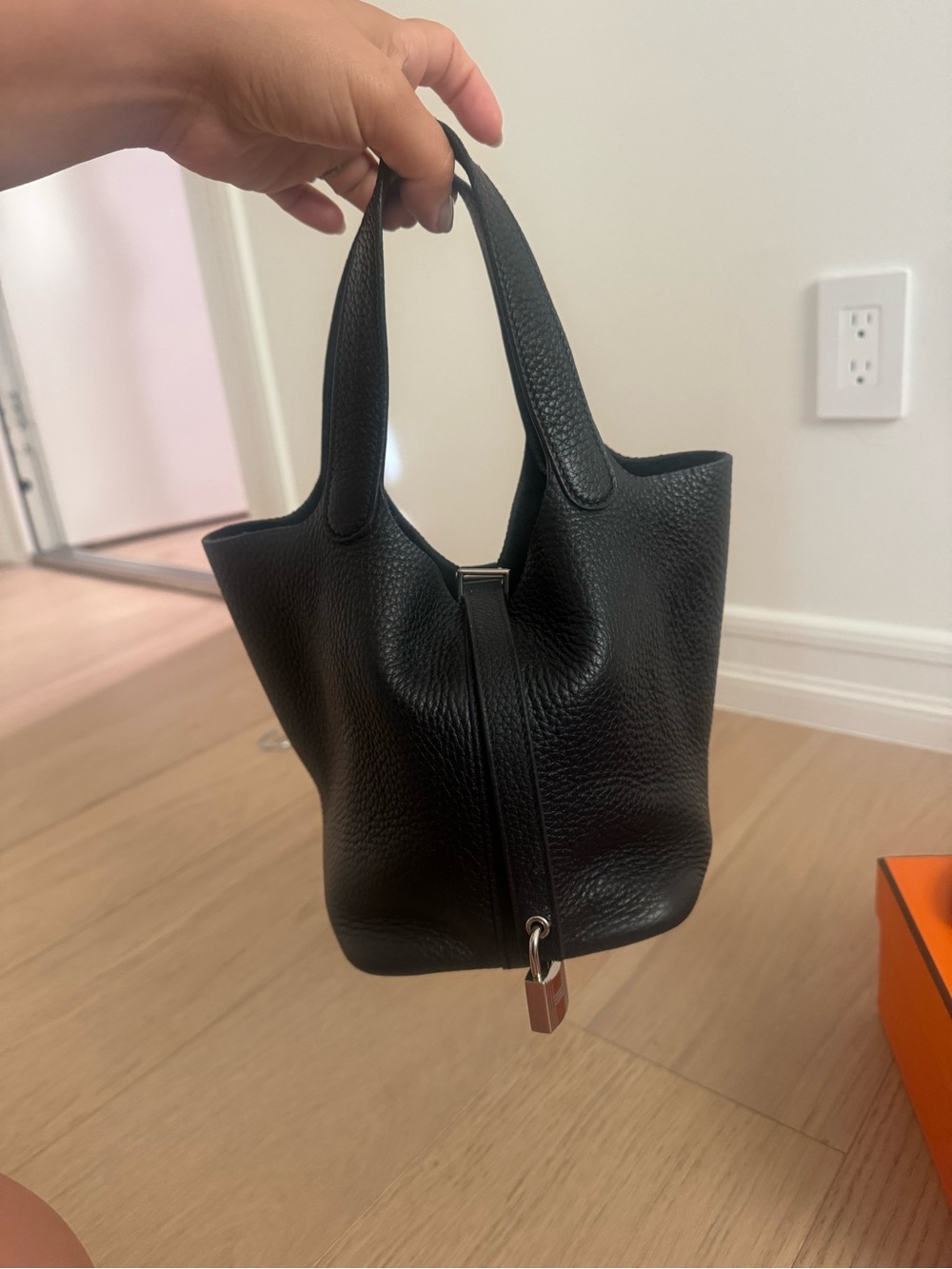 Hermes picotin Black Pebbled Leather Hobo with Lock Detail